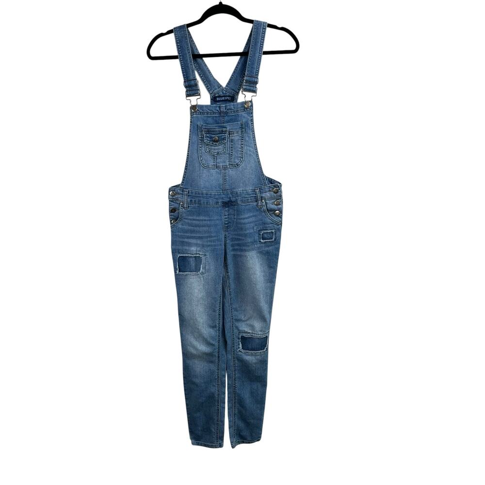 Blue Spice Skinny Distressed Patched Denim Overalls Blue Wash Junior 3 Womens XS